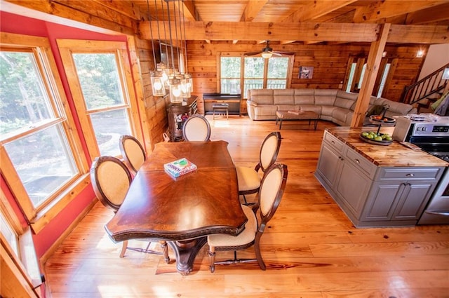 dining space featuring wooden ceiling, beamed ceiling, wood walls, and light wood-style flooring