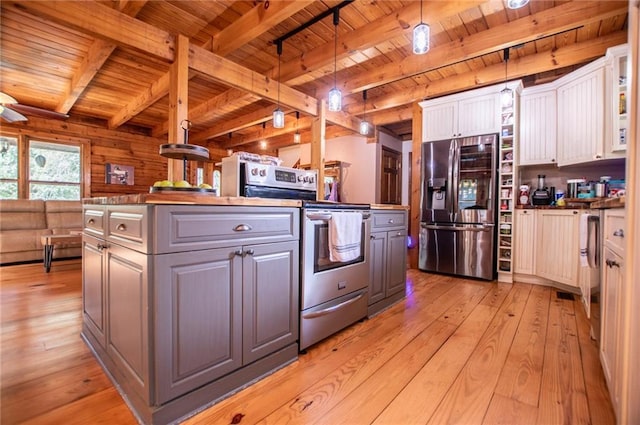 kitchen featuring light wood-style floors, wood ceiling, and stainless steel appliances