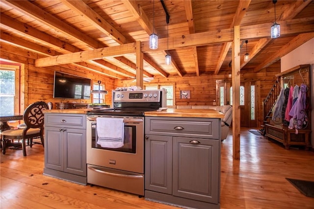 kitchen featuring stainless steel range with electric cooktop, light wood-style flooring, wooden ceiling, beamed ceiling, and gray cabinetry