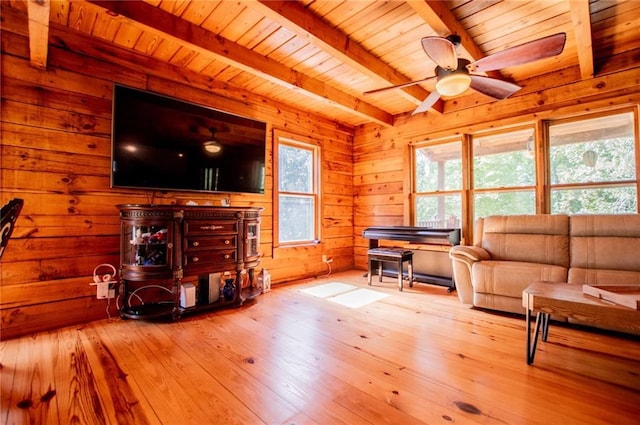 living area featuring wood ceiling, ceiling fan, beamed ceiling, wood-type flooring, and wooden walls