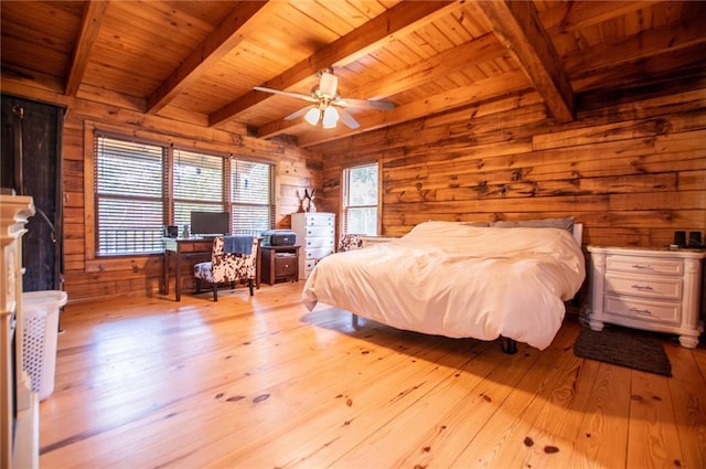 bedroom featuring wood-type flooring, beam ceiling, wooden walls, and wooden ceiling