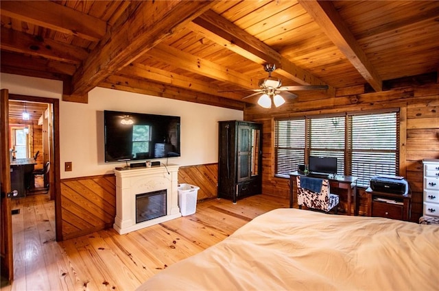 bedroom with wooden walls, beamed ceiling, wood ceiling, and wood-type flooring