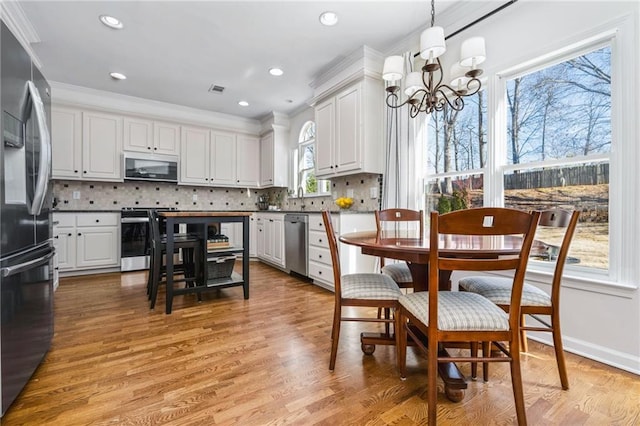 kitchen with appliances with stainless steel finishes, white cabinets, decorative backsplash, and pendant lighting