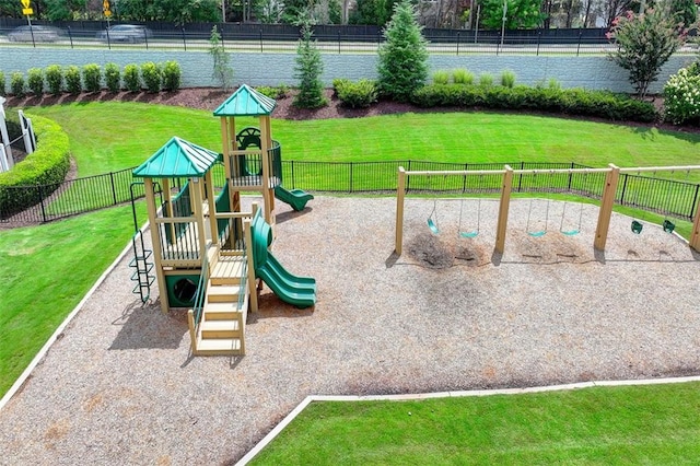 view of play area featuring a lawn