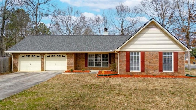 ranch-style house with a garage, brick siding, driveway, and a chimney