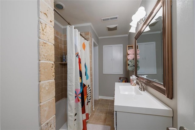 full bath featuring shower / bath combo, visible vents, tile patterned flooring, crown molding, and vanity