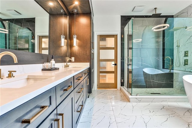 bathroom with plus walk in shower and vanity