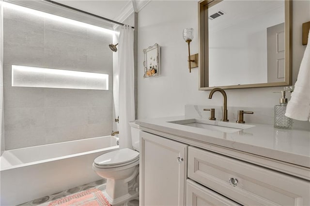 full bathroom with ornamental molding, shower / bath combination with curtain, vanity, and toilet