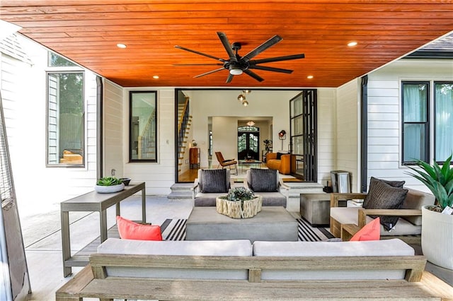 view of patio / terrace with ceiling fan and an outdoor hangout area