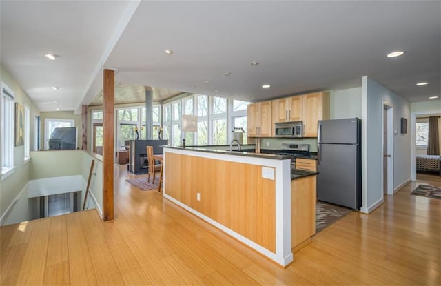 kitchen featuring light wood-type flooring, stainless steel appliances, baseboards, and dark countertops