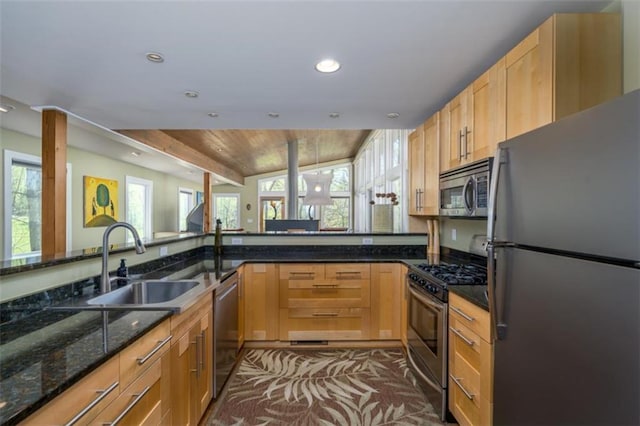 kitchen with recessed lighting, plenty of natural light, appliances with stainless steel finishes, and a sink