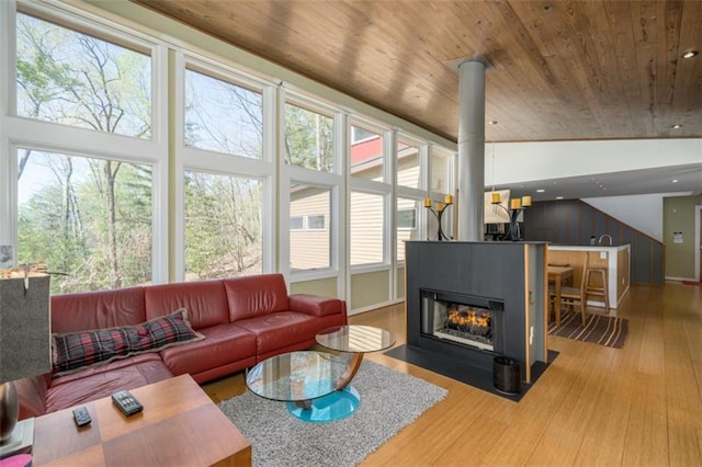 living room with wood ceiling and wood finished floors
