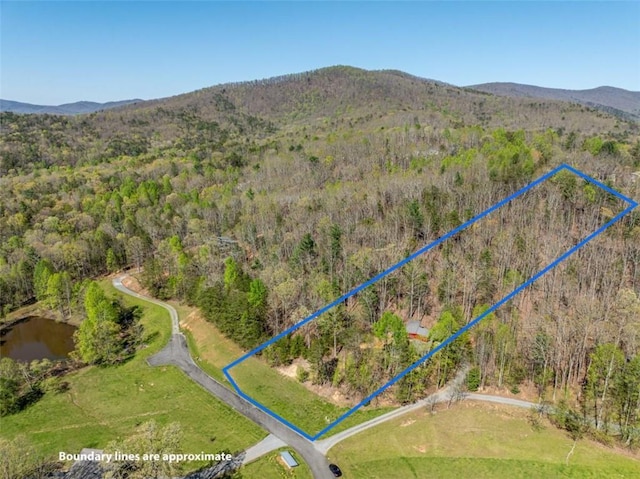 birds eye view of property featuring a wooded view and a mountain view