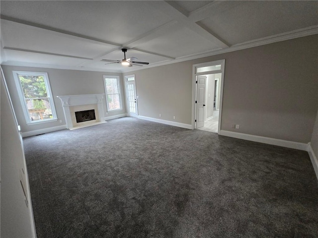 7910 Tintern Trce, Duluth, GA 30097 - unfurnished living room featuring carpet flooring, a ceiling fan, baseboards, and coffered ceiling