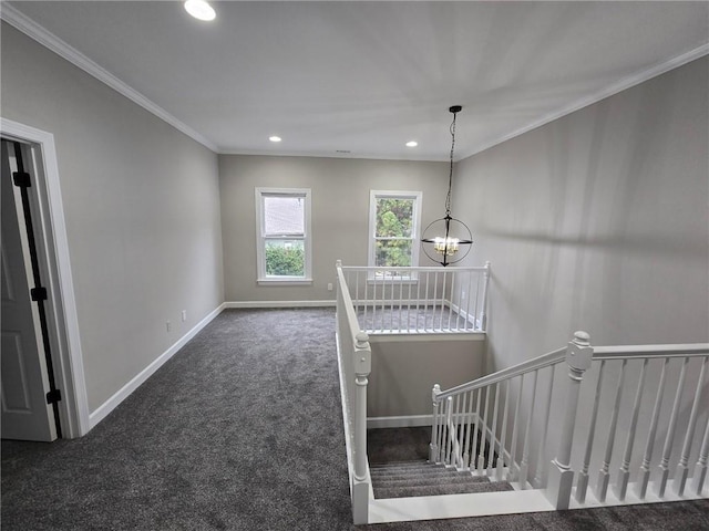 7910 Tintern Trce, Duluth, GA 30097 - stairway featuring carpet floors, ornamental molding, baseboards, recessed lighting, and a notable chandelier