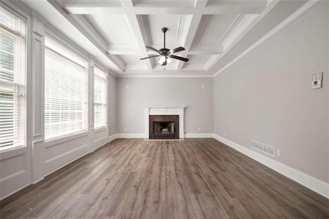 5737 Russell Ct, Douglasville, GA 30135 - unfurnished living room featuring visible vents, wood finished floors, coffered ceiling, a high end fireplace, and beam ceiling