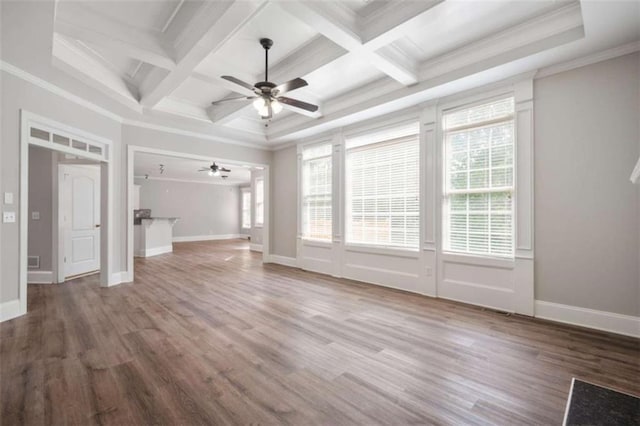5737 Russell Ct, Douglasville, GA 30135 - unfurnished living room with coffered ceiling, a healthy amount of sunlight, and ceiling fan