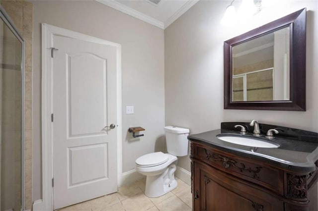 5737 Russell Ct, Douglasville, GA 30135 - bathroom featuring a shower stall, vanity, ornamental molding, tile patterned flooring, and baseboards