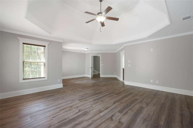 5737 Russell Ct, Douglasville, GA 30135 - unfurnished room with ornamental molding, a raised ceiling, visible vents, ceiling fan, and wood finished floors