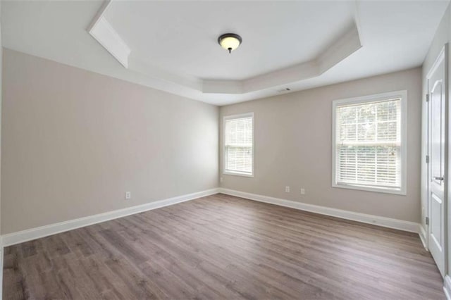 5737 Russell Ct, Douglasville, GA 30135 - unfurnished room featuring a tray ceiling, baseboards, and wood finished floors