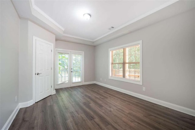 5737 Russell Ct, Douglasville, GA 30135 - empty room with dark wood-type flooring, french doors, baseboards, and crown molding