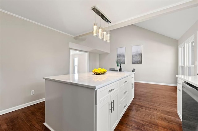 kitchen featuring lofted ceiling, dark wood finished floors, white cabinets, baseboards, and dishwasher