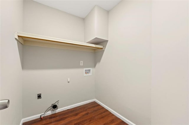 washroom featuring dark wood-style floors, baseboards, laundry area, electric dryer hookup, and washer hookup