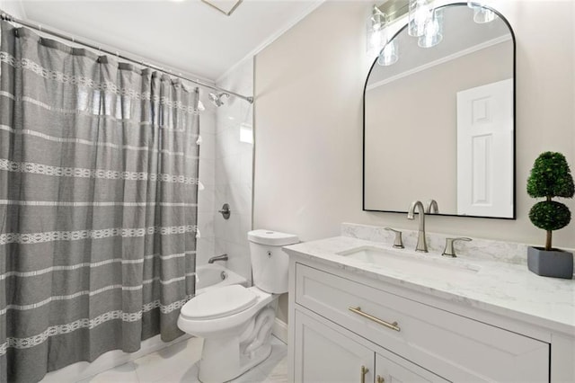 full bath featuring shower / bath combination with curtain, vanity, toilet, and crown molding