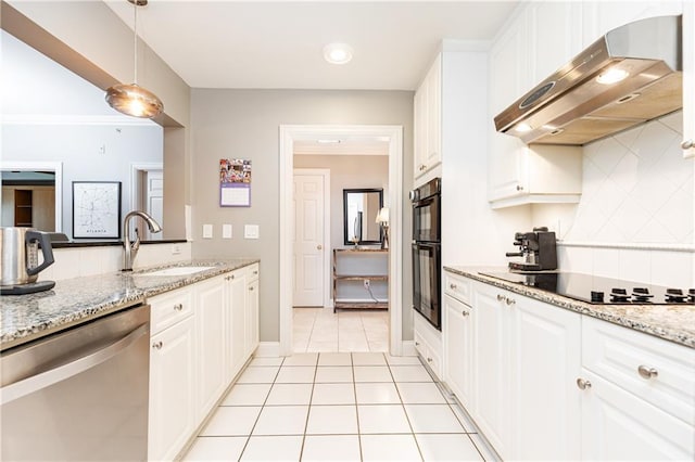 211 Colonial Homes Dr NW Unit 2501, Atlanta, GA 30309 - kitchen featuring black appliances, exhaust hood, a sink, backsplash, and light tile patterned floors