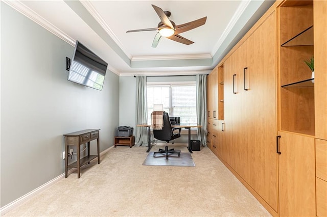 211 Colonial Homes Dr NW Unit 2501, Atlanta, GA 30309 - office space featuring crown molding, a raised ceiling, light carpet, and a ceiling fan