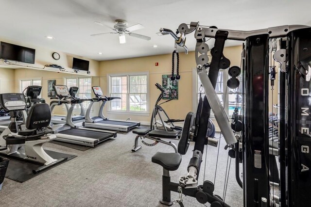 211 Colonial Homes Dr NW Unit 2501, Atlanta, GA 30309 - gym featuring a ceiling fan, baseboards, and recessed lighting