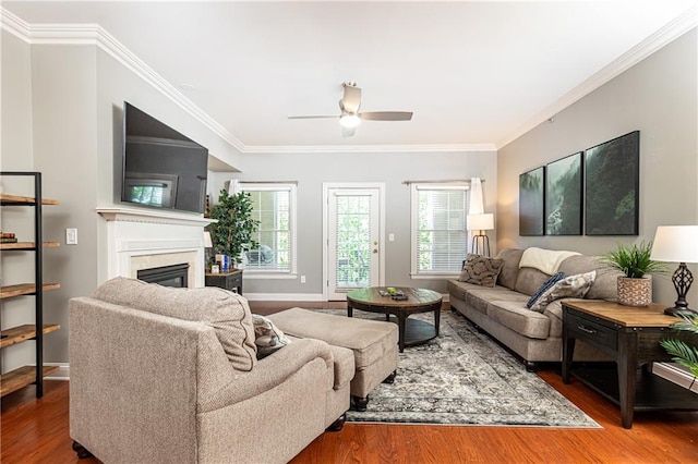 211 Colonial Homes Dr NW Unit 2501, Atlanta, GA 30309 - living room featuring wood finished floors, a glass covered fireplace, healthy amount of natural light, and ornamental molding