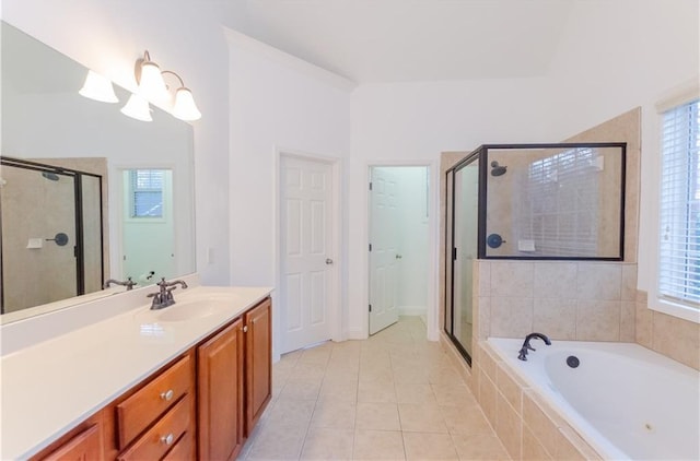 full bath with a shower stall, vanity, tile patterned flooring, plenty of natural light, and a bath