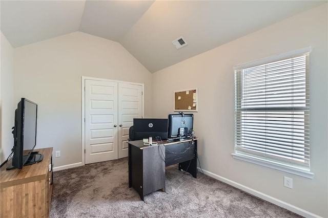 2486 Bear Mountain St, Lithonia, GA 30058 - home office featuring vaulted ceiling and carpet floors