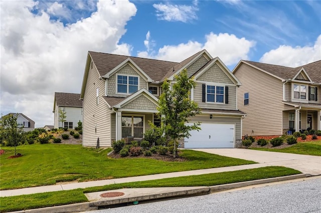 2486 Bear Mountain St, Lithonia, GA 30058 - craftsman inspired home featuring driveway, an attached garage, a front yard, and a shingled roof