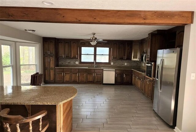 kitchen featuring ceiling fan, a healthy amount of sunlight, stainless steel appliances, and tasteful backsplash