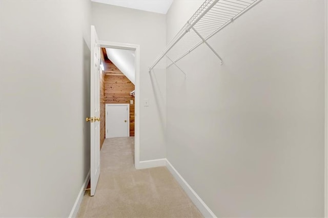 walk in closet with light colored carpet