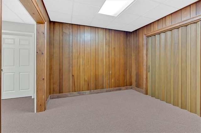 basement with wooden walls and carpet flooring