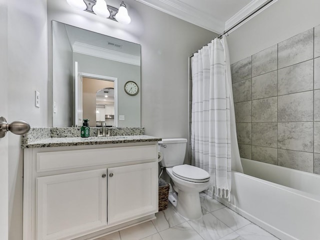 bathroom with shower / bath combo with shower curtain, vanity, toilet, and crown molding