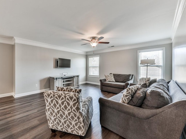 living area featuring crown molding, baseboards, dark wood-style flooring, and visible vents