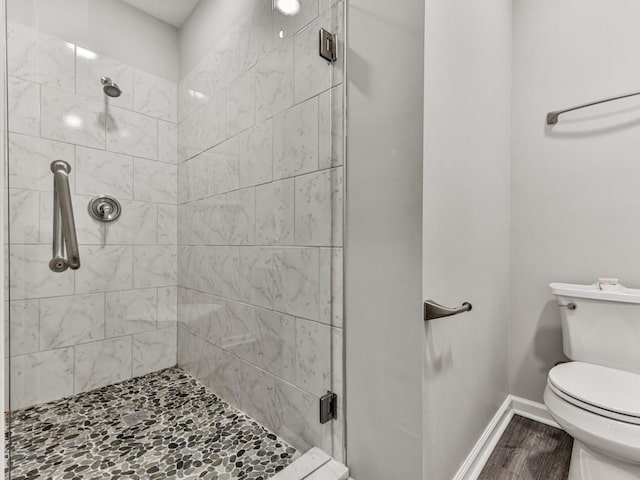 bathroom featuring baseboards, toilet, wood finished floors, and a shower stall