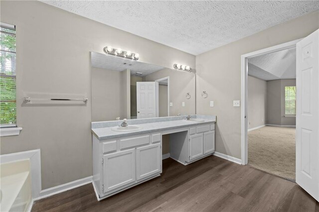 470 Piney Way SW, Atlanta, GA 30331 - bathroom with wood finished floors, double vanity, baseboards, a textured ceiling, and a tub