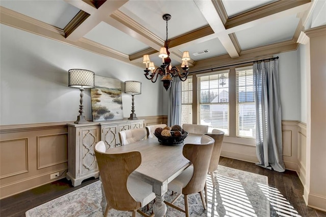 dining room featuring beam ceiling, a chandelier, crown molding, coffered ceiling, and dark hardwood / wood-style flooring