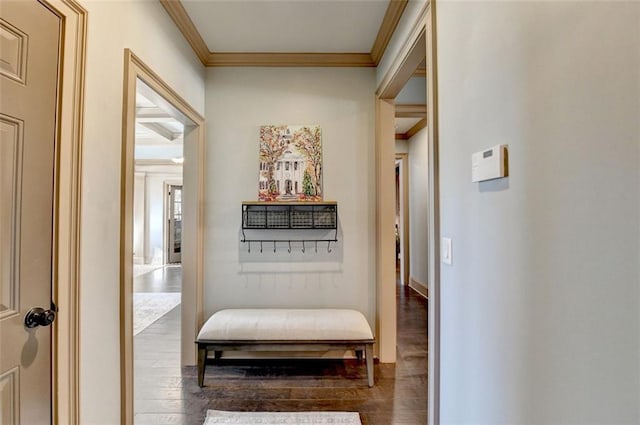 hallway featuring ornamental molding and dark hardwood / wood-style floors