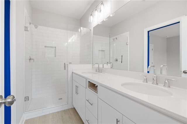 full bathroom featuring a sink, a shower stall, and double vanity