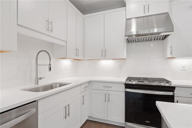 kitchen with stainless steel appliances, a sink, white cabinetry, light countertops, and ventilation hood