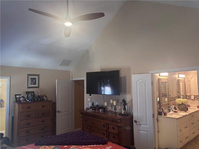 2610 Gadsen Walk, Duluth, GA 30097 - bedroom with a ceiling fan, high vaulted ceiling, a sink, and ensuite bathroom