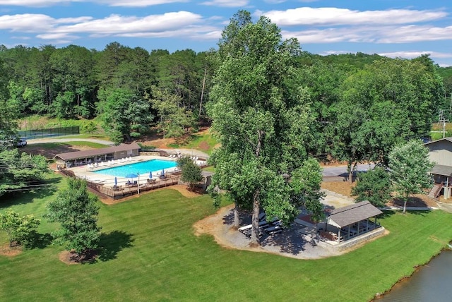 drone / aerial view with a water view