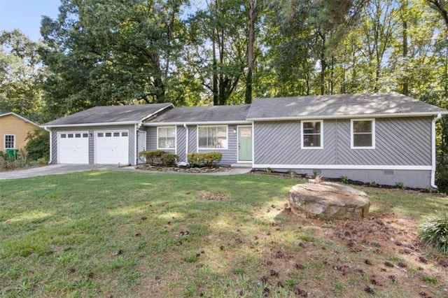 ranch-style house featuring a garage, crawl space, a front lawn, and aphalt driveway