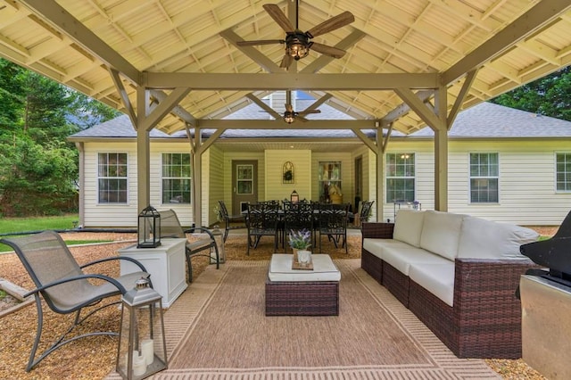 2277 Lazy Days Rd, Dacula, GA 30019 - view of patio / terrace with a gazebo, a ceiling fan, outdoor dining space, and an outdoor hangout area